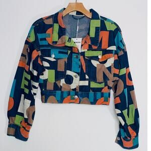 NWT Genmany Graphic Crop Denim Jacket - Women's Size S - Colorful & Fun!